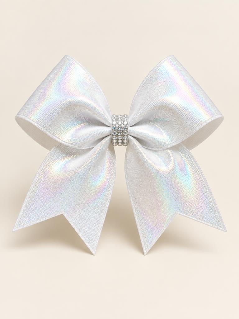 Iridescent white competition bow with crystal center